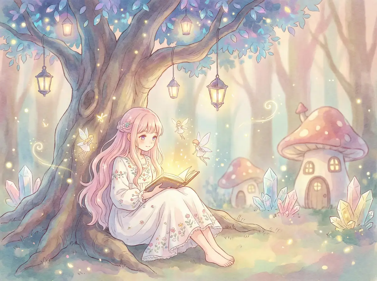 国内免费SPEAKING - 魔法森林中阅读故事书的粉发少女与精灵